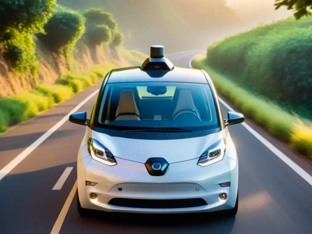 Viaje eco-friendly en auto eléctrico: diversidad y sostenibilidad Un grupo de viajeros diversos comparten un viaje en coche eléctrico, rodeados de naturaleza, dialogando sobre rutas sostenibles al atardecer