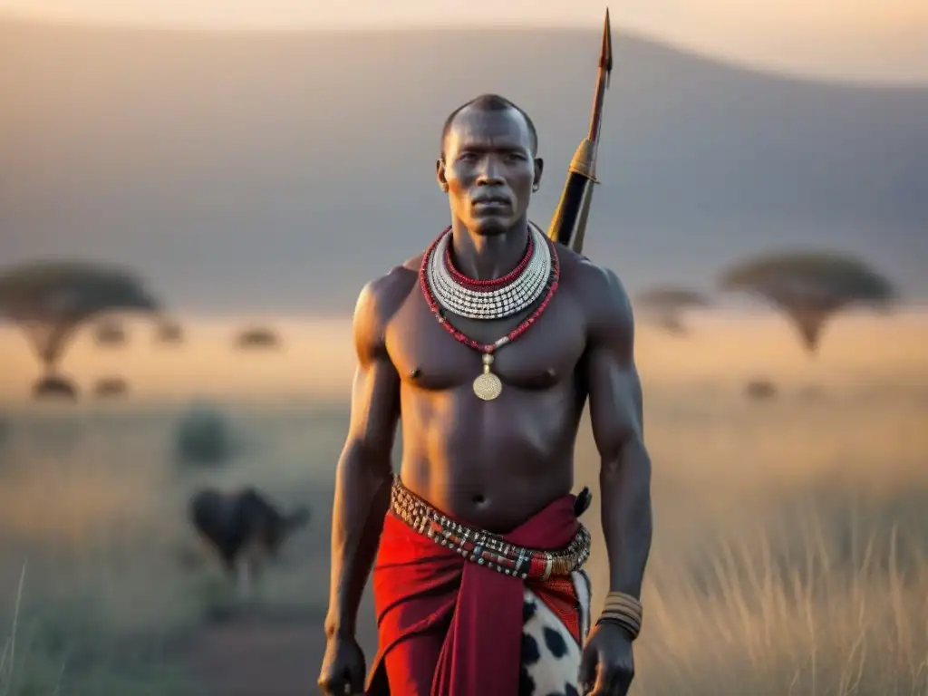Un guerrero Maasai orgulloso en la sabana del Serengeti, con su atuendo tradicional y un aura de antiguas tradiciones descubiertas viaje