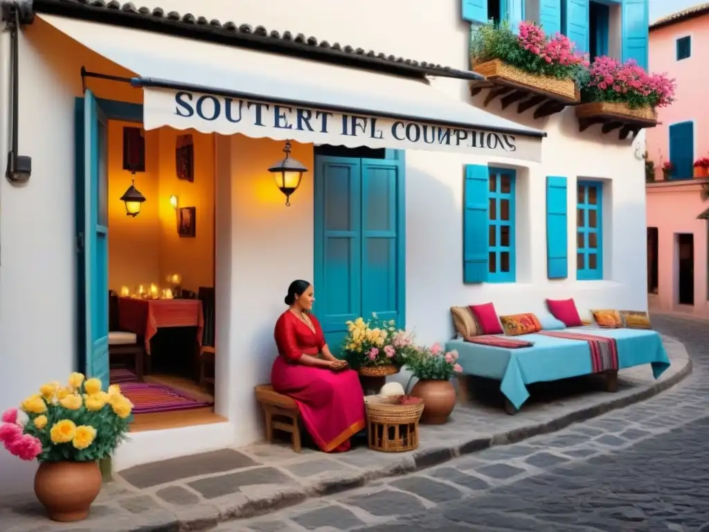 Hermoso hotel boutique en un pueblo local con flores vibrantes y textiles artesanales, celebrando tradiciones locales al atardecer