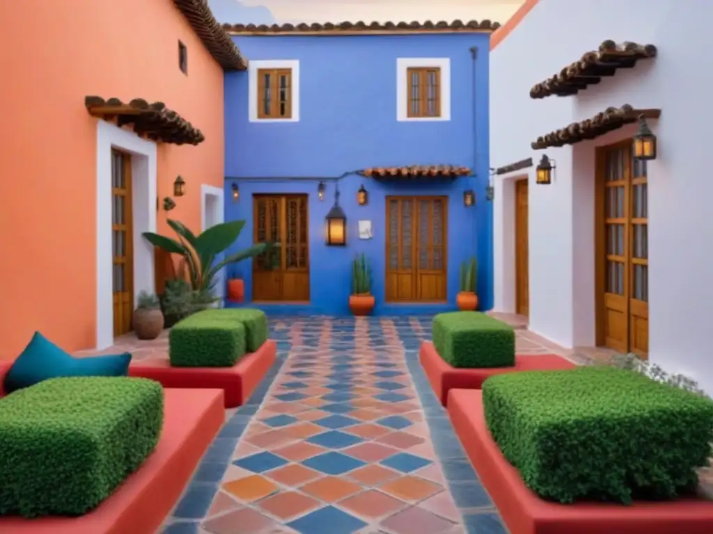 Un hotel boutique mexicano en un pueblo colonial colorido, con detalles arquitectónicos únicos y un patio exuberante