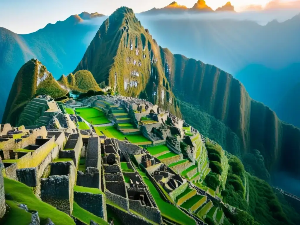 Machu Picchu al amanecer: misticismo y aventura Imagen impactante de Machu Picchu al amanecer, con ruinas antiguas y niebla en valles