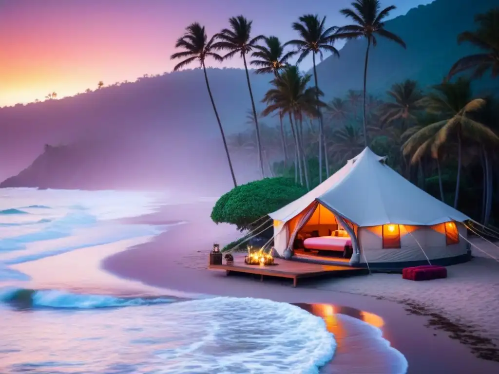 Escapada romántica en tienda de lujo en la playa al atardecer Imagen de una tienda de lujo de glamping en una playa aislada al atardecer, con una cena romántica a la luz de las velas, palmeras y olas