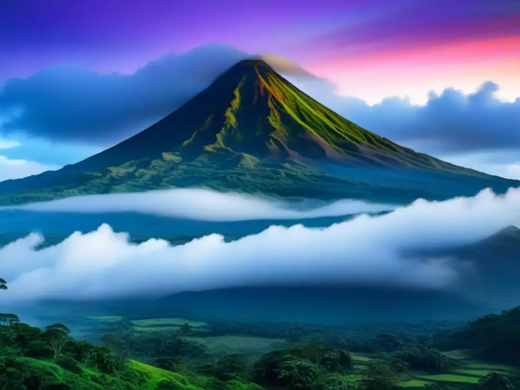 Esplendor del Volcán Arenal al Amanecer en Costa Rica Imponente Volcán Arenal al amanecer en Costa Rica, rodeado de exuberante vegetación