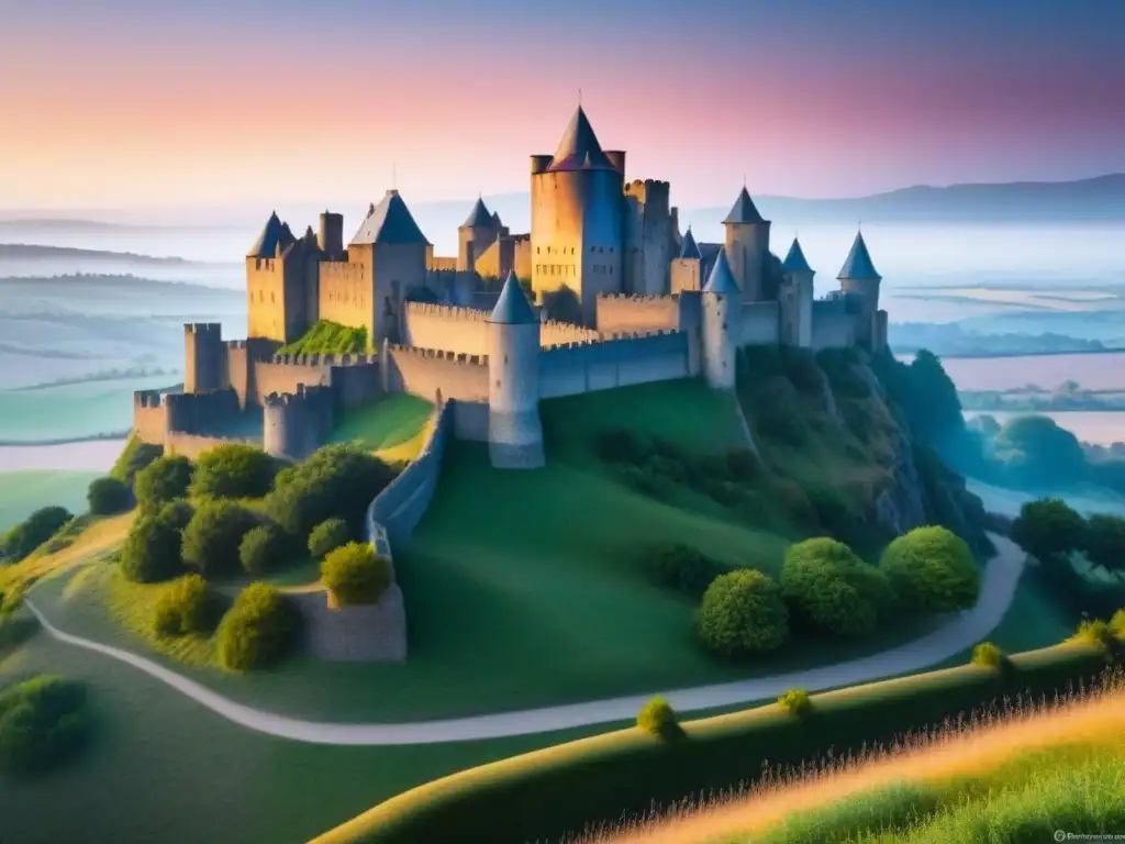 Castillo de Carcasona al atardecer: historia y misticismo en la Ruta de los Cátaros El imponente Castillo de Carcasona al atardecer, rodeado de naturaleza, refleja la atmósfera mística de la Ruta de los Cátaros en Francia