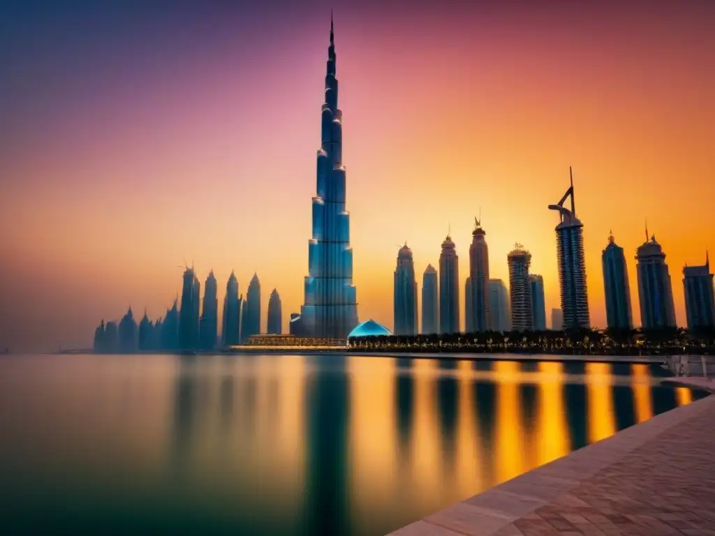 Esplendor del Burj Khalifa al atardecer El imponente Burj Khalifa en Dubai frente a un atardecer ardiente, reflejándose en el lago