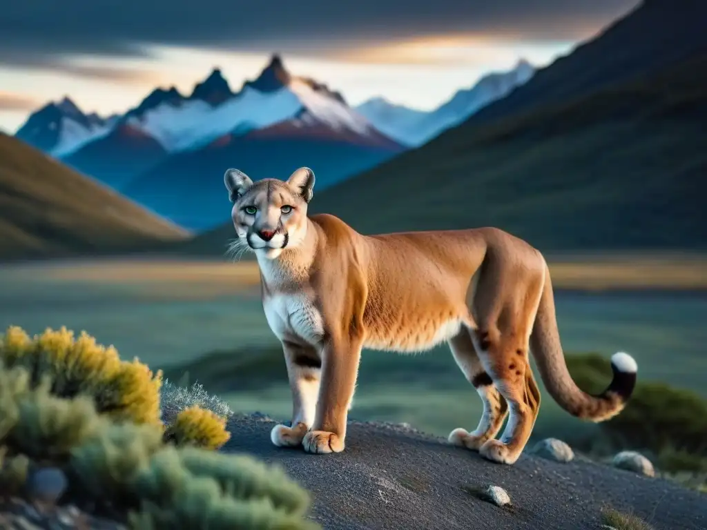 Imponente puma en la Ruta del Puma Patagonia Argentina, bajo cielo dramático y montañas nevadas