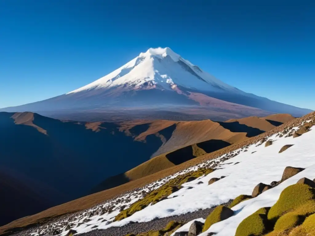 Majestuoso Pico de Orizaba: desafío y belleza Impresionante ascenso al Pico de Orizaba, con su cumbre nevada destacando contra el cielo azul
