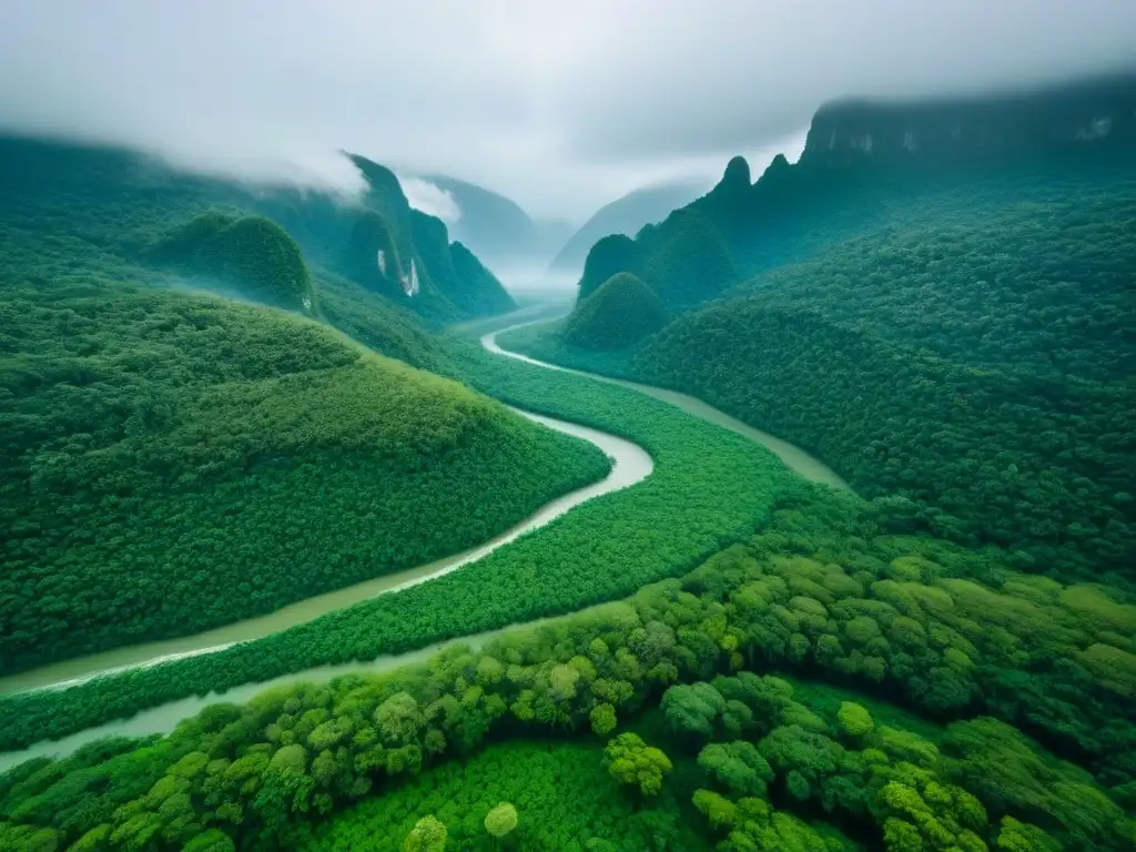 Esplendor verde de La Selva Lacandona en Chiapas, México Impresionante vista aérea de la exuberante vegetación de La Selva Lacandona en Chiapas, México, con ríos serpenteantes y montañas cubiertas de niebla