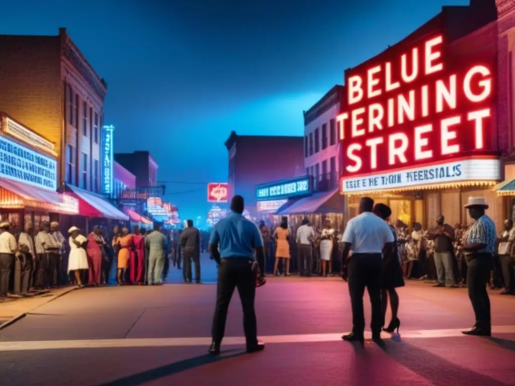 Magia nocturna: Neon en Beale Street, músicos y espectadores en Memphis La intensa vida nocturna de Beale Street en Memphis, Tennessee, con músicos de blues y una multitud diversa disfrutando de la música soul