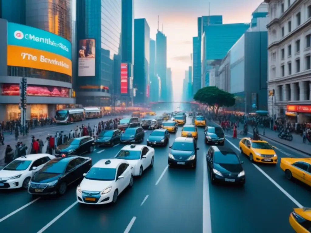 Caótico tráfico multicultural: autorickshaws, bicicletas y taxis Una intersección bulliciosa en una ciudad metropolitana, con vehículos de diferentes culturas