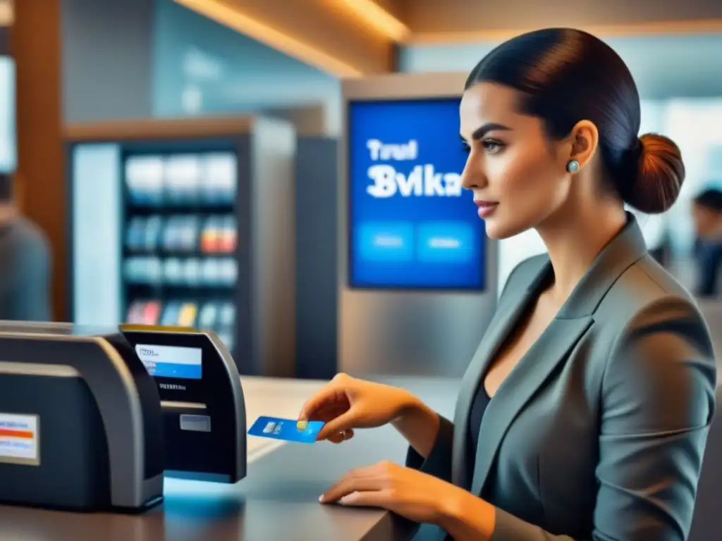 Joven profesional compara tarjetas de crédito de viaje en elegante banco