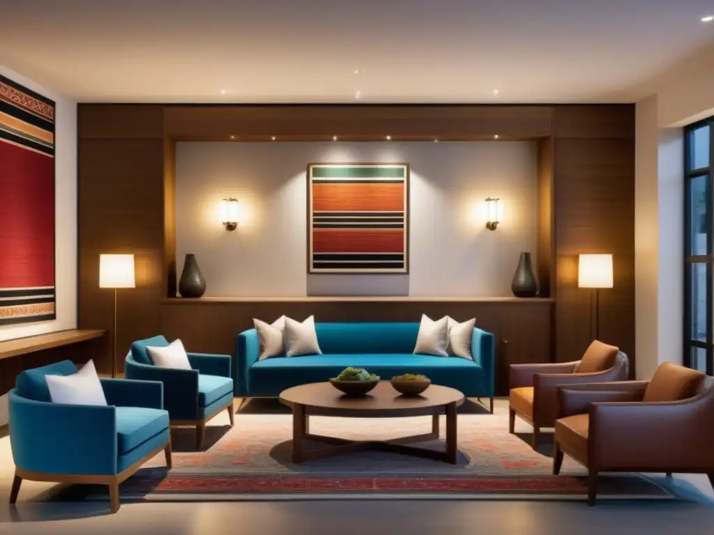 Un lobby de hotel boutique con arte local tradicional y moderno, creando un ambiente acogedor y cultural
