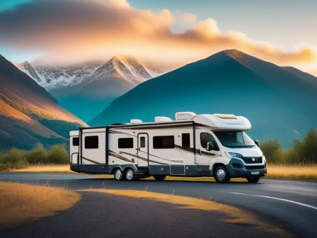 Un lujoso RV en atardecer con vista a montañas, ideal para un viaje de lujo por carretera