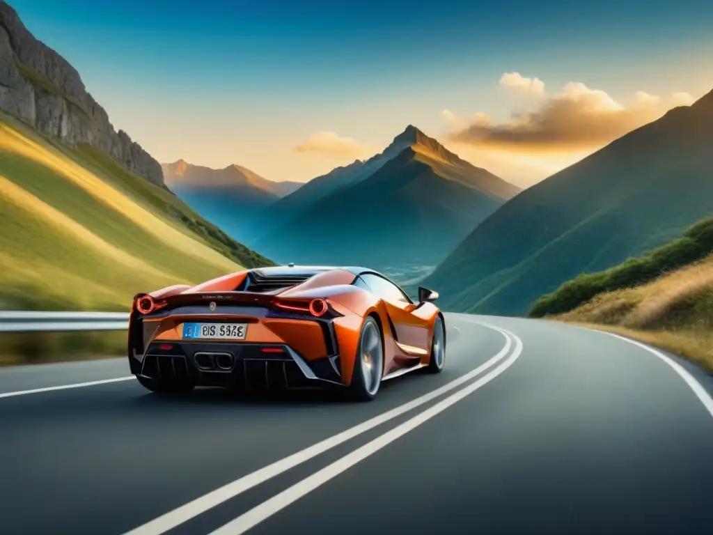 Deleite exclusivo: auto deportivo personalizado en ruta panorámica Un lujoso automóvil personalizado recorriendo una carretera escénica en un viaje de lujo personalizado