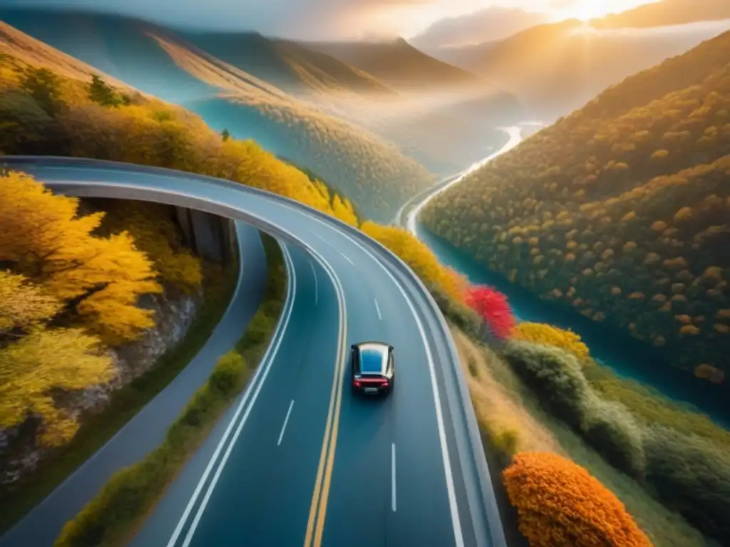 Viaje de lujo: auto elegante en carretera montañosa otoñal Un lujoso coche recorriendo una pintoresca carretera de montaña en otoño