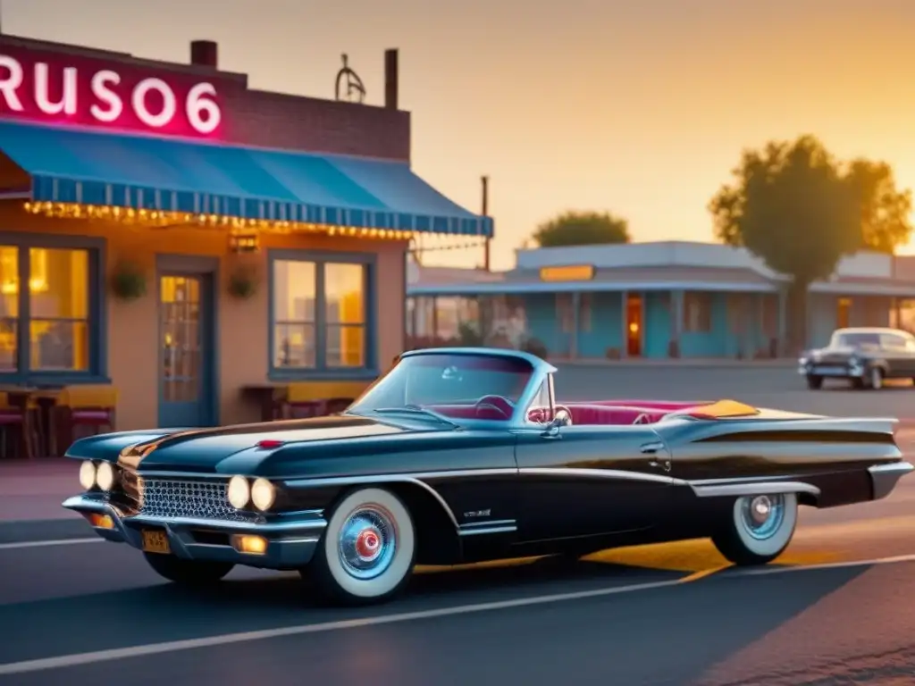 Convertible negro de lujo en Route 66 al atardecer Un lujoso convertible negro recorre la Ruta 66 al atardecer, reflejando el encanto y la modernidad de las Rutas de lujo por carretera