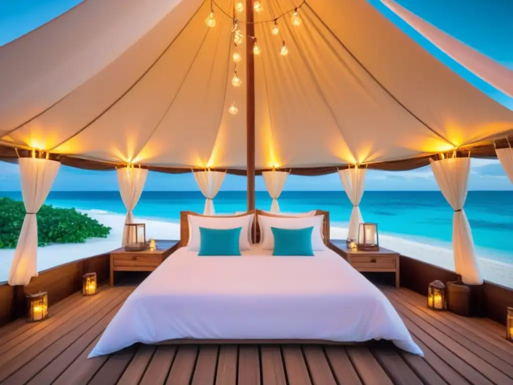 Glamping de lujo en playa paradisíaca: cena romántica al atardecer Un lujoso glamping en una playa exótica, con una cama queen y una cena romántica al atardecer