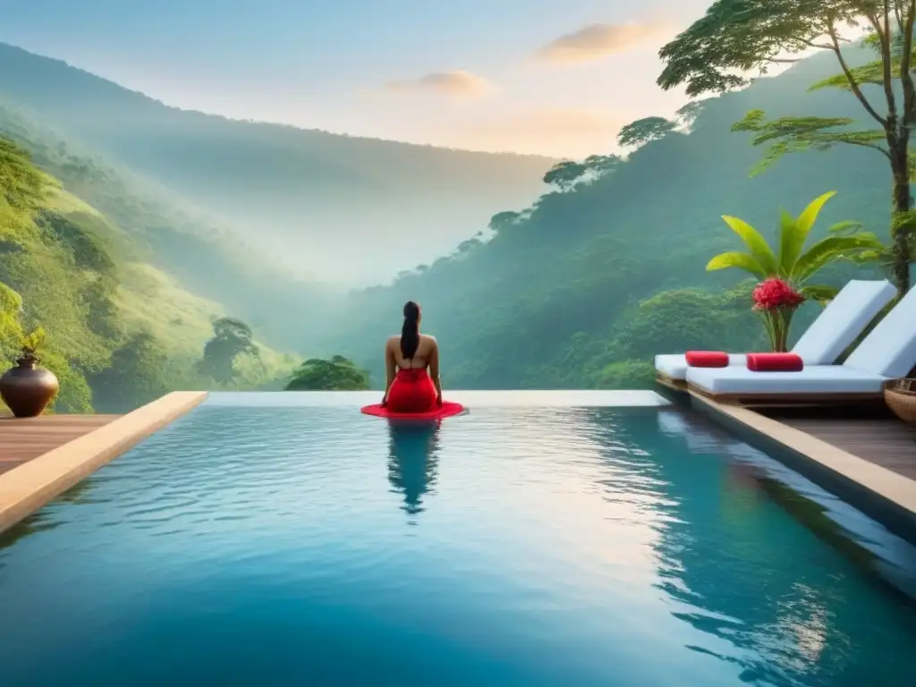 Retiro de spa de lujo en la montaña Un lujoso spa en las montañas, con piscina infinita y vistas al valle