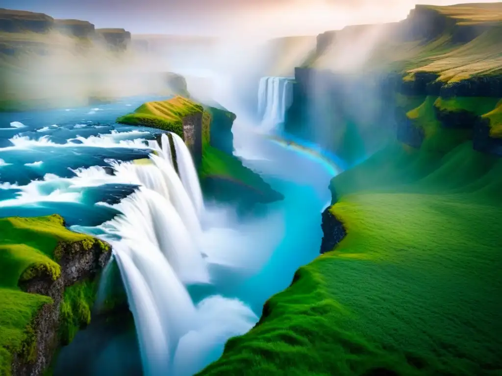 Espectacular cascada Gullfoss bajo el sol de medianoche en Círculo Dorado La majestuosa cascada Gullfoss en Islandia, rodeada de exuberante vegetación, bajo el sol de medianoche