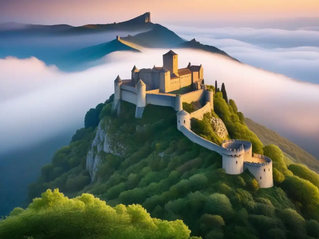 Castillo de Montségur al amanecer: historia y misterio en los Pirineos La majestuosidad del Castillo de Montségur en la Ruta de los Cátaros en Francia, envuelto en niebla al amanecer