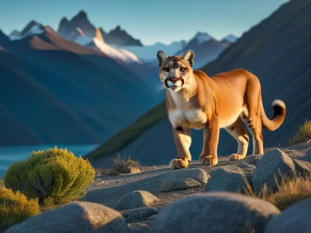 Un majestuoso puma recorriendo la árida Patagonia con montañas nevadas al fondo, en la Ruta del Puma Patagonia Argentina