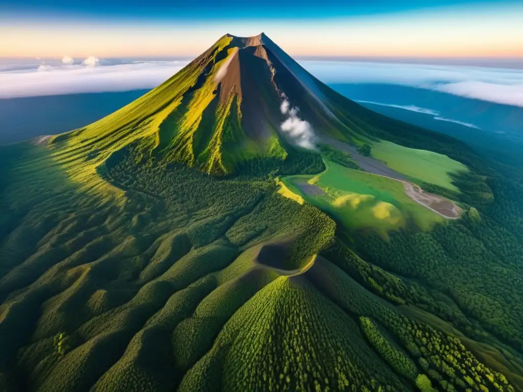 Majestuoso volcán nevado: maravilla natural y aventura Volcán majestuoso con rutas seguras de exploración en América, rodeado de bosques verdes y senderos serpenteantes
