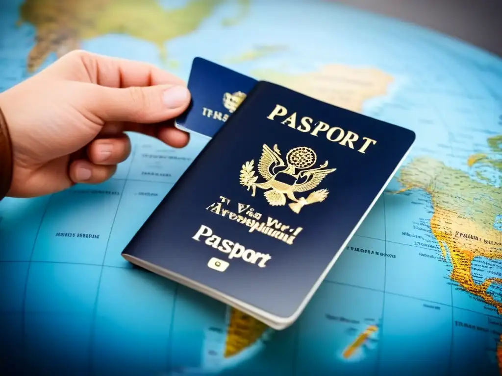 Viajes inolvidables: pasaporte lleno de sellos de visa de todo el mundo Una mano de viajero sostiene un pasaporte abierto con sellos de visas de todo el mundo