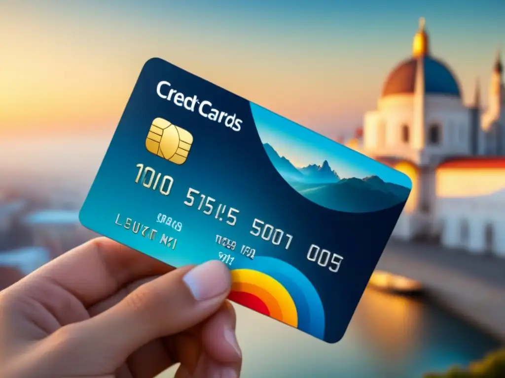 Mano de viajero sosteniendo tarjetas de crédito con diseños de monumentos internacionales
