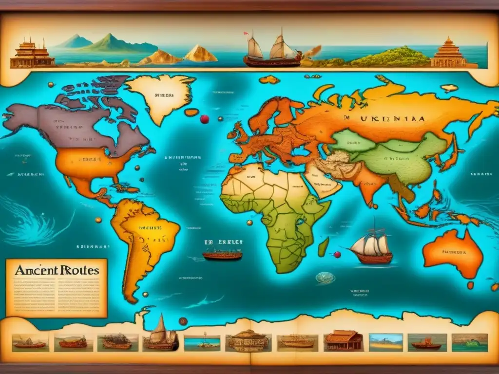 Un mapa antiguo detallado con rutas comerciales y bienes exóticos, evocando descubrimientos y aventuras de antiguas tradiciones