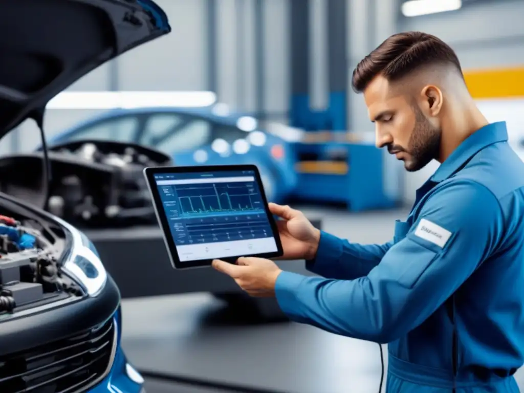 Diagnóstico automotriz: experticia y tecnología avanzada Un mecánico experto enfocado en datos complejos de mantenimiento predictivo en tablet