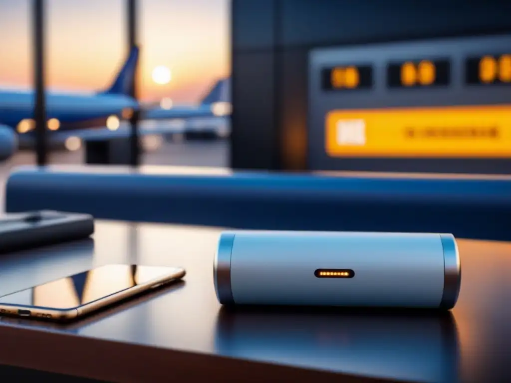 Baterías externas de alta gama para viajeros tech-savvy Las mejores baterías externas para viajes, organizadas en un elegante escritorio de viaje con diseño moderno en un aeropuerto animado