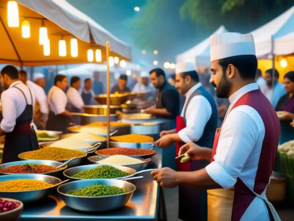 Mercado gastronómico multicultural: sabores, colores y diversidad Un mercado de alimentos local bullicioso y vibrante, con chefs sirviendo platos exquisitos a una multitud diversa en un evento gastronómico cultural