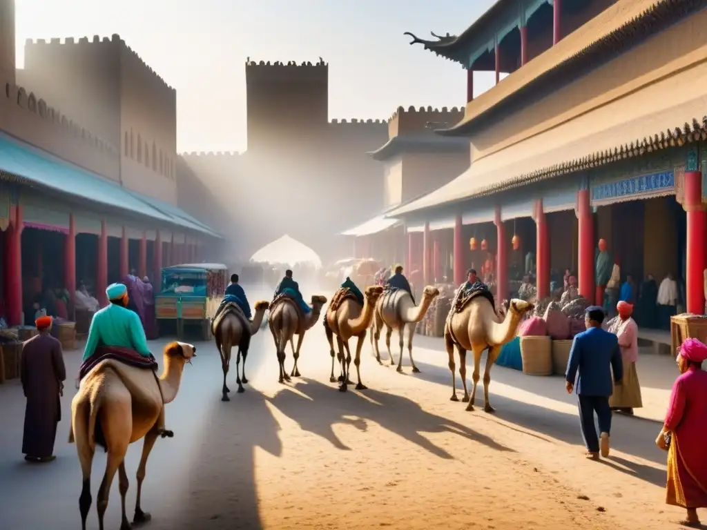 Mercado vibrante en ciudad de la Ruta de la Seda Mercado bullicioso en una ciudad antigua de la Ruta de la Seda Asia viajes, con textiles coloridos y especias exóticas