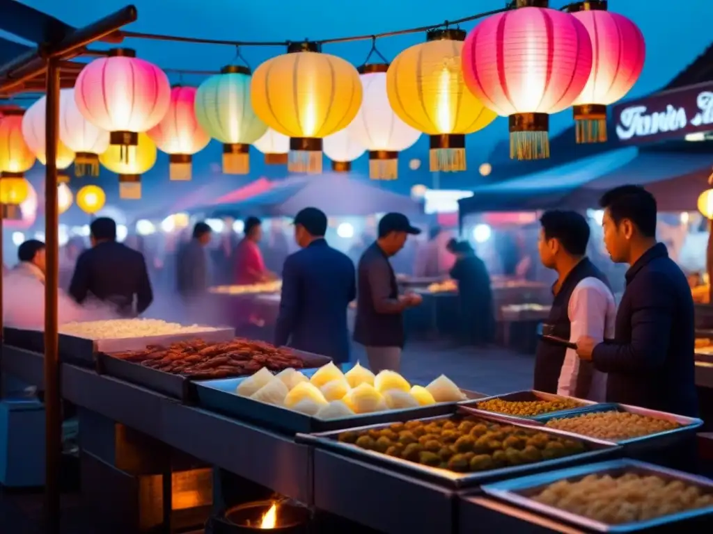 Mercado nocturno asiático: sabores y colores exóticos Mercado nocturno en Asia con linternas coloridas, puestos de comida y ambiente vibrante