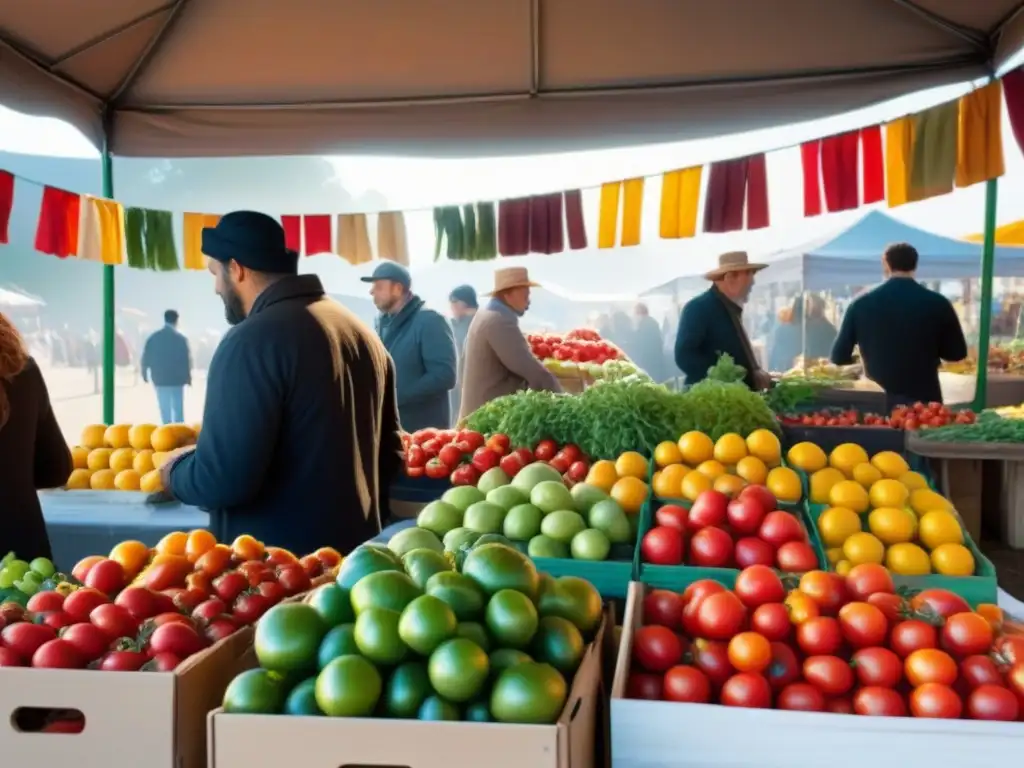 Mercado orgánico: colores y sabores de la comunidad Un mercado orgánico bullicioso con colores vibrantes y productos artesanales, destaca un puesto de tomates heirloom