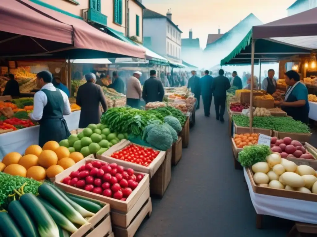 Mercado orgánico vibrante: comunidad, sustentabilidad y diversidad Un mercado orgánico bullicioso, con frutas frescas, productos hechos a mano y locales