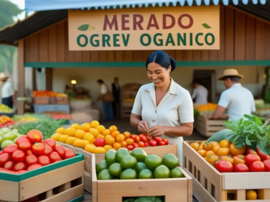 Mercado Orgánico: Vida de campo en la ciudad Un mercado orgánico bullicioso, con frutas y verduras coloridas en cajas de madera, clientes curiosos y agricultores sonrientes