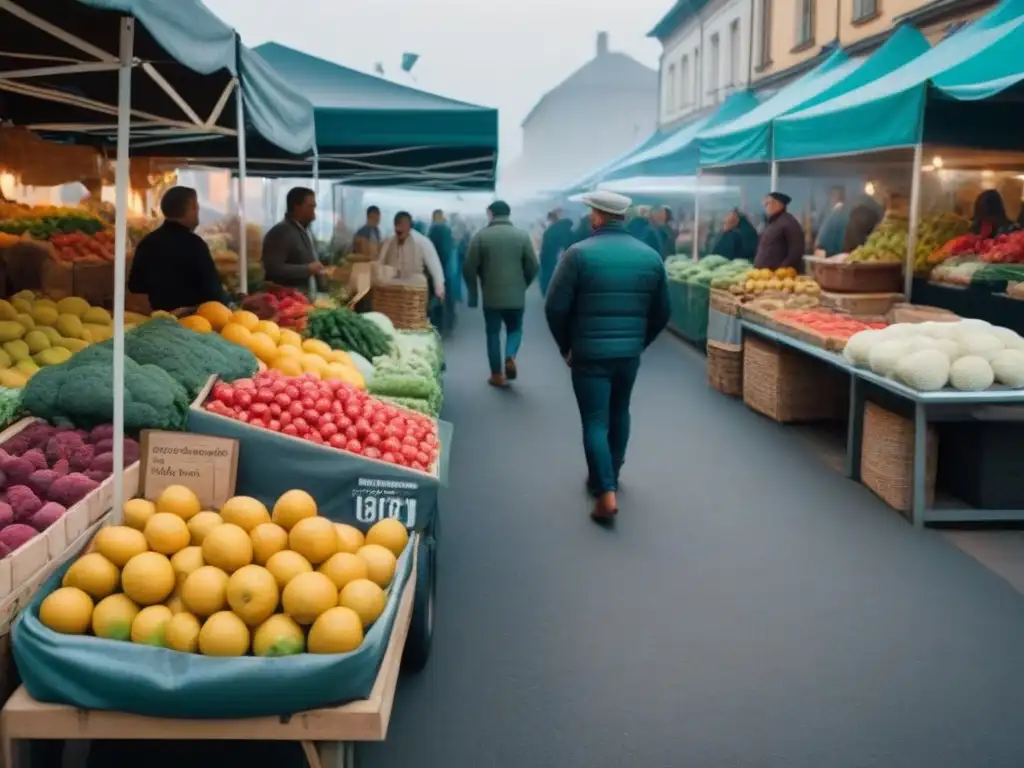 Mercado orgánico vibrante: conexión entre productores y consumidores Un mercado orgánico bullicioso con puestos coloridos rebosantes de frutas frescas, verduras y productos artesanales