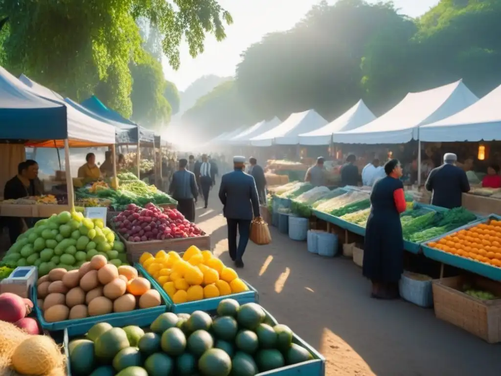 Mercado orgánico al atardecer: colores, aromas y comunidad Un mercado orgánico lleno de vida y color al atardecer, con puestos de frutas, verduras y artesanías
