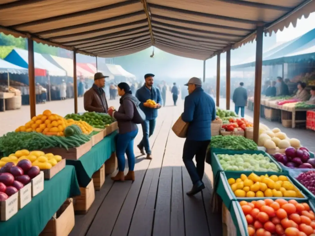 Mercado orgánico vibrante y colorido: frescura y diversidad en cada puesto Un mercado orgánico vibrante y concurrido, lleno de productos frescos y coloridos dispuestos en mesas de madera bajo un toldo de puestos