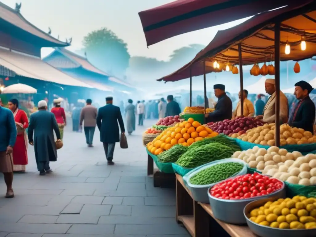Mercado tradicional vibrante: frutas, especias y cultura local Un mercado tradicional bullicioso con puestos vibrantes rebosantes de frutas, verduras, especias y delicias locales