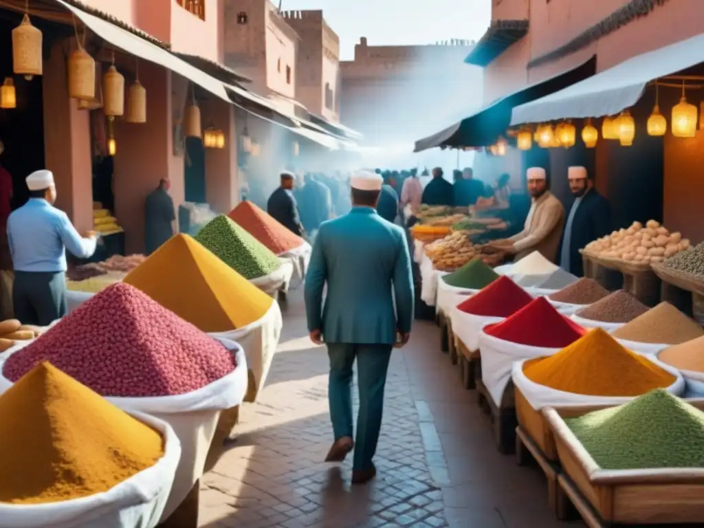 Mercado tradicional en Marrakech: Esencia vibrante y colorida Mercado tradicional en Marrakech con especias coloridas, productos frescos, textiles tradicionales y ambiente animado de haggling y turismo