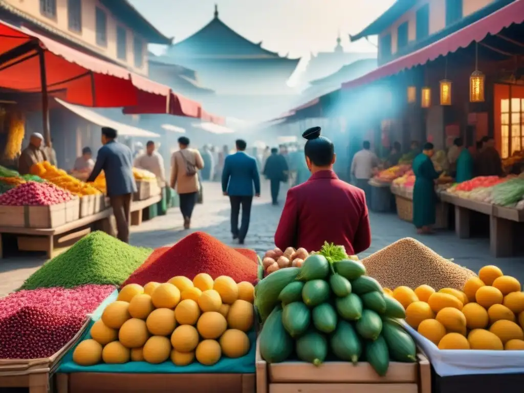 Mercado tradicional vibrante con productos únicos Un mercado tradicional rebosante de vida y color, donde la cultura y la gastronomía se fusionan en un ambiente vibrante y acogedor