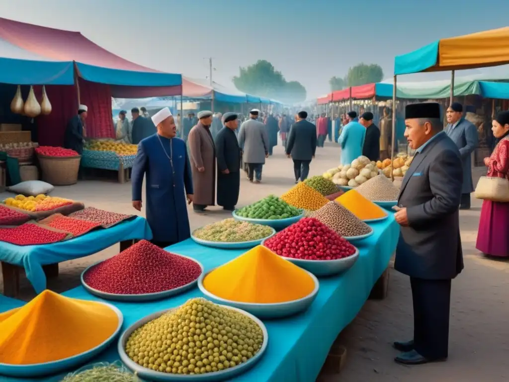 Mercado tradicional uzbeko: colorido bullicio y tradiciones Un mercado tradicional de Uzbekistán con vibrantes colores y gran bullicio