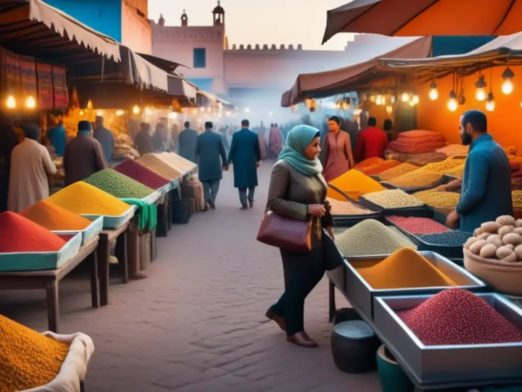 Atardecer dorado en el bullicioso zoco de Marrakech Un mercado vibrante al atardecer en Marrakech, Marruecos
