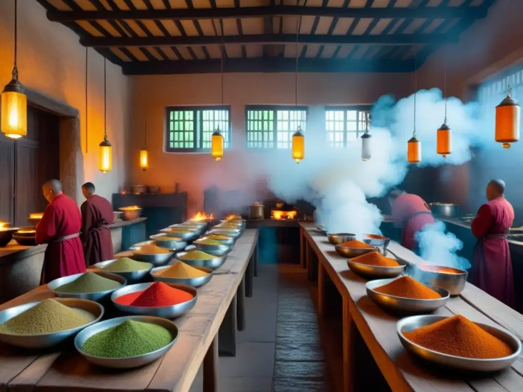 Misteriosa cocina de monasterio en Asia: tradición y coloridas especias En la mística cocina monástica de Asia, secretos de sabor y tradición se entrelazan en una escena llena de color y serenidad