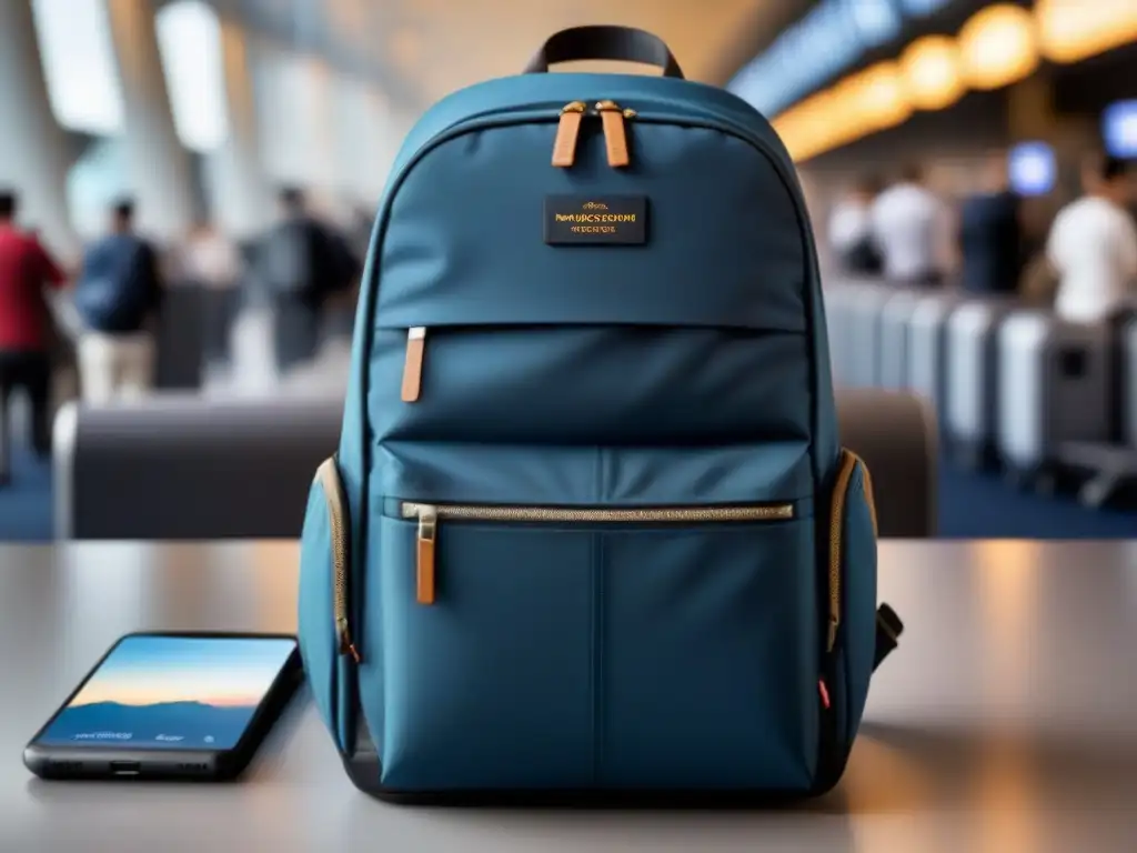 Aeropuerto tecnológico: mochila con gadgets y batería externa Una mochila de viaje abierta con gadgets tecnológicos organizados y una moderna batería externa en un bullicioso aeropuerto