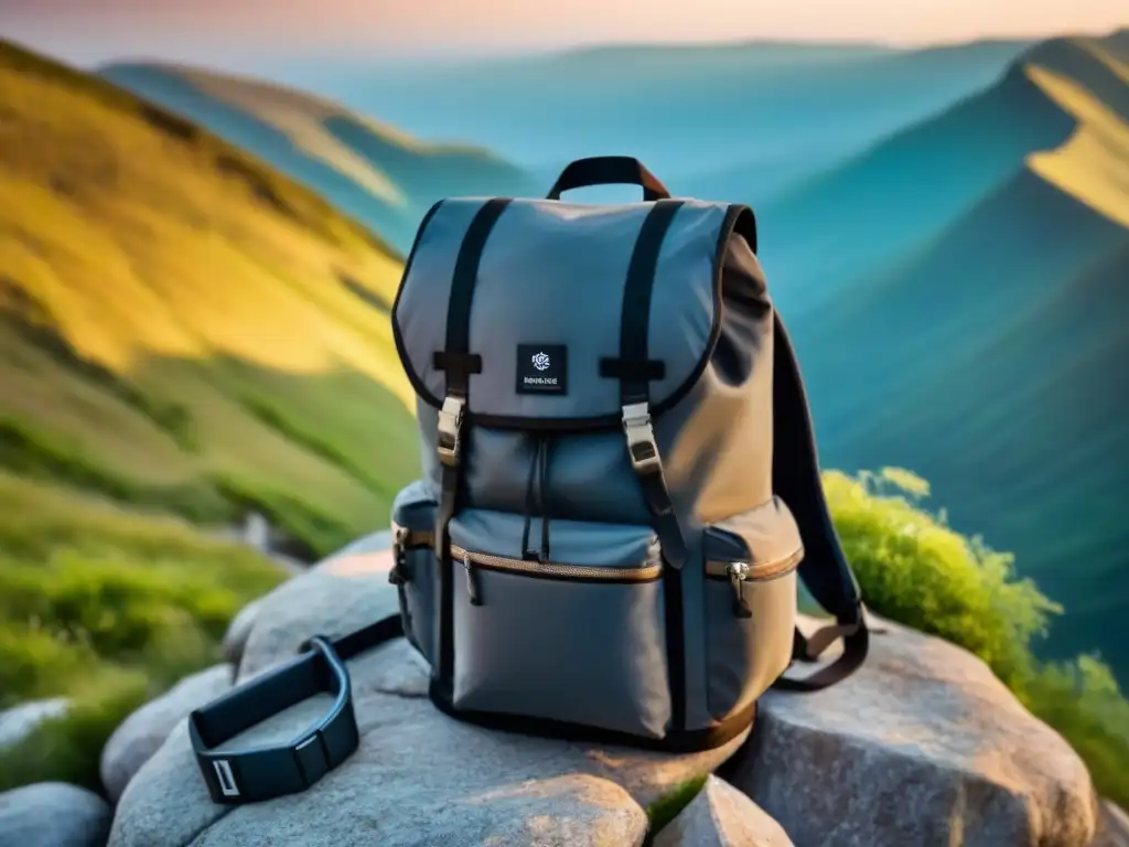 Mañana épica: Mochila del viajero repleta de gadgets conectados a batería externa en acantilado al amanecer Mochila de viajero abierta en acantilado al amanecer, llena de gadgets electrónicos conectados a batería externa