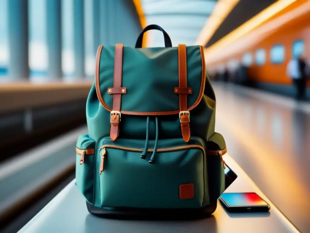 Kit de viaje tech: power bank cargando gadgets en aeropuerto Una mochila de viajero abierta con gadgets electrónicos organizados y una batería externa conectada