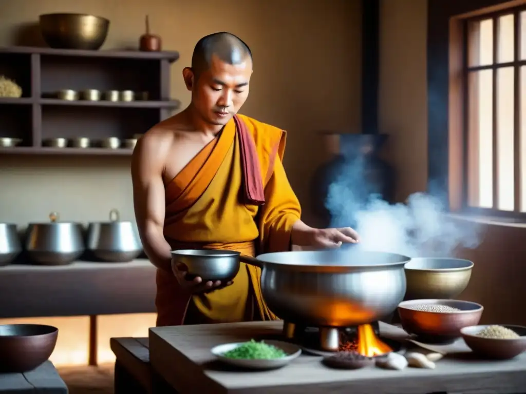 Monje budista preparando comida en monasterio asiático Un monje budista prepara en paz una comida en una cocina monástica asiática llena de utensilios antiguos, ollas humeantes y especias